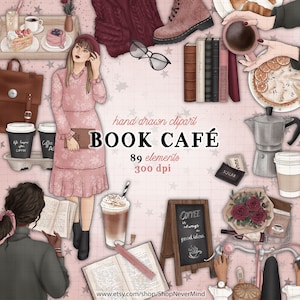 Book Cafe clipart fall coffee clipart commercial use bookish coffee shop fall clipart burgundy reading fashion girl planner sticker graphics