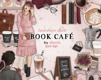 Book Cafe clipart fall coffee clipart commercial use bookish coffee shop fall clipart burgundy reading fashion girl planner sticker graphics