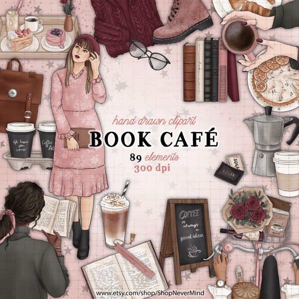 Book Cafe clipart automne café clipart commercial utilisation bookish café automne clipart bordeaux lecture mode fille planner autocollant graphiques