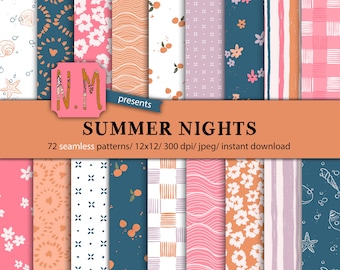 Summer nights paper pack summer vacation digital pattern commercial use seamless summer floral pattern seashells and stripes paper set