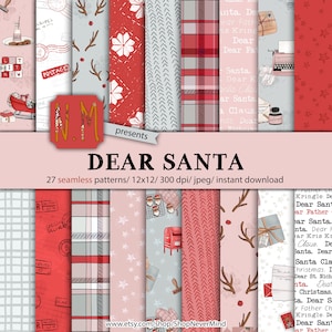 Pacote de papel digital de Natal querido Papai Noel padrão digital uso comercial planejador adesivo gráficos selos de caixa de correio carta xadrez padrão de inverno