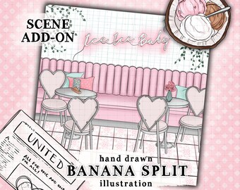 May include: A hand-drawn illustration of a pink and white cafe scene with heart-shaped chairs, a pink booth, and a sign that says "ice ice baby". The illustration is titled "hand drawn BANANA SPLIT illustration".