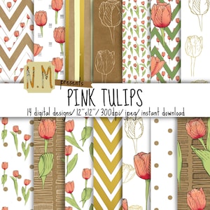 Pacchetto di carta digitale floreale floreale digitale modello digitale rosa floreale tulipani rosa stampabile oro lamina kraft carta punti righe chevron carta floreale