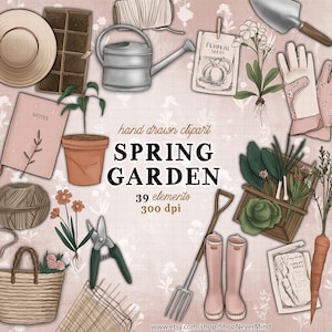 Kit de imágenes prediseñadas de primavera Spring Garden clipart jardinería verde casa verduras semillas flores botánicas clipart comercial uso pegatina gráficos