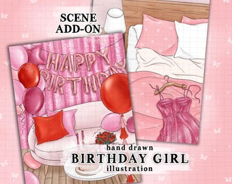 Birthday Party illustration Pink Girly Birthday scene commercial use party balloons illustration birthday cake planner sticker graphics