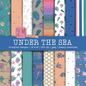 Digitales Papier Pack Meer digitales Muster niedlich navy blau rosa Beige grün Ozean Hintergrund Korallenriff Fische Seestern Meer Muscheln Wasser Papier