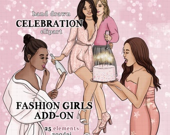 Party fashion girls clipart kit Anniversaire partie commerciale utilisation de la mode fille illustration planificateur autocollant graphiques kit rose robe de gâteau d'anniversaire