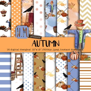 Otoño de papel digital paquete acuarela caída patrón digital naranja marrón y azul papeles con cesta de picnic de calabaza espantapájaros Cuervo manzana maíz