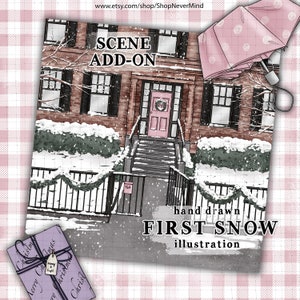 Winterszene Illustration Stadt Winter Haus Motiv kommerzielle Nutzung Winter Wunderland Szene Illustration Planer Sticker Grafiken Weihnachten Set
