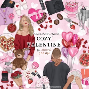 Valentines day clipart cozy valentine clipart kit commercial use date night in sticker graphics love couple movie date night clipart kit