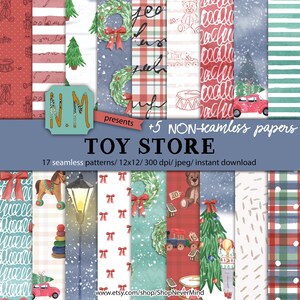Pacote de papel digital de natal brinquedos de natal padrão de papel para impressão sem costura inverno país das maravilhas bonitos brinquedos de madeira menina kit xadrez de inverno