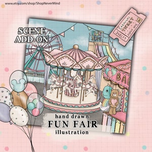 De illustratie roze De scène van carnaval preteerlijke achtergrond roze carrouselscène pastel themapark commercieel gebruik de grafiek van de de lentesticker