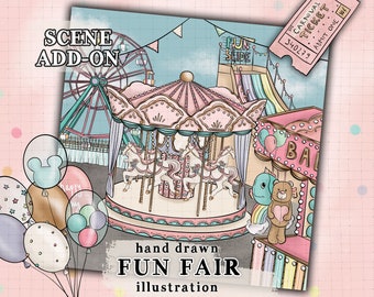 Carnival illustration Pink Carnival scene fun fair background pink carousel scene pastel theme park commercial use spring sticker graphics