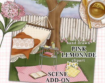 Pink Lemonade digital clipart lemonade stand scene commercial use planner stickers hammock fence illustration floral garden lounging scene