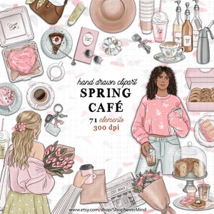 Café Clipart Kit Frühling Café Clipart Frühling Konditorei Clipart kommerzielle Nutzung Pastell Frühling Planer Aufkleber Grafik Frühling Blumen