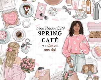 Coffee Shop clipart kit Spring Cafe clipart spring pastry shop clipart commercial use pastel spring planner sticker graphics spring floral