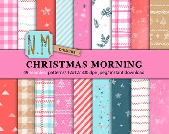 Christmas paper pack Pink Christmas digital pattern commercial use snowflake seamless pattern knitted stars buffalo plaid pattern paper