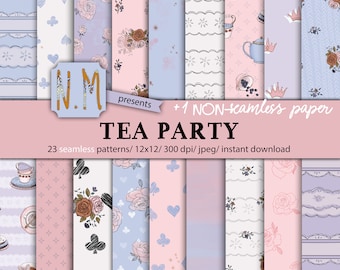 Tea Party digital paper pack pink tea party digital pattern commercial use planner sticker graphics alice teapot cake floral shabby seamless