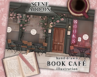 Coffee Shop scene illustration book cafe scene commercial use book store fall scene floral cafe illustration planner sticker graphics set