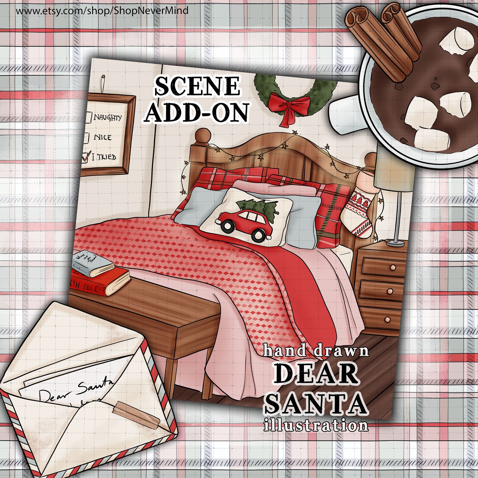 Christmas scene illustration christmas bedroom scene clipart | Etsy