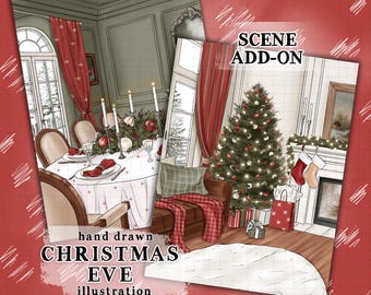 Christmas illustration classic christmas eve scene vintage christmas illustration commercial use winter dining room planner sticker graphics