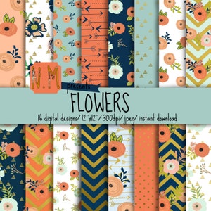 Flowers digital paper pack flowers background, peach and navy blue flowers printable pattern with gold foil arrows, triangles and polka dots