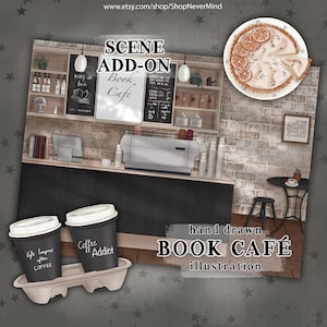 Coffee Shop escena ilustración uso comercial café interior escena cafetería interior otoño escena ilustración planificador de pegatinas conjunto de gráficos