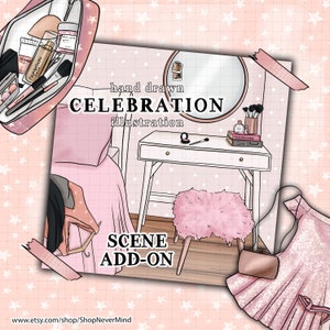 Pink Bedroom illustration maquillage maquillage scène de maquillage main main tirée chambre commerciale utilisation de lit miroir scène fête d'anniversaire graphiques