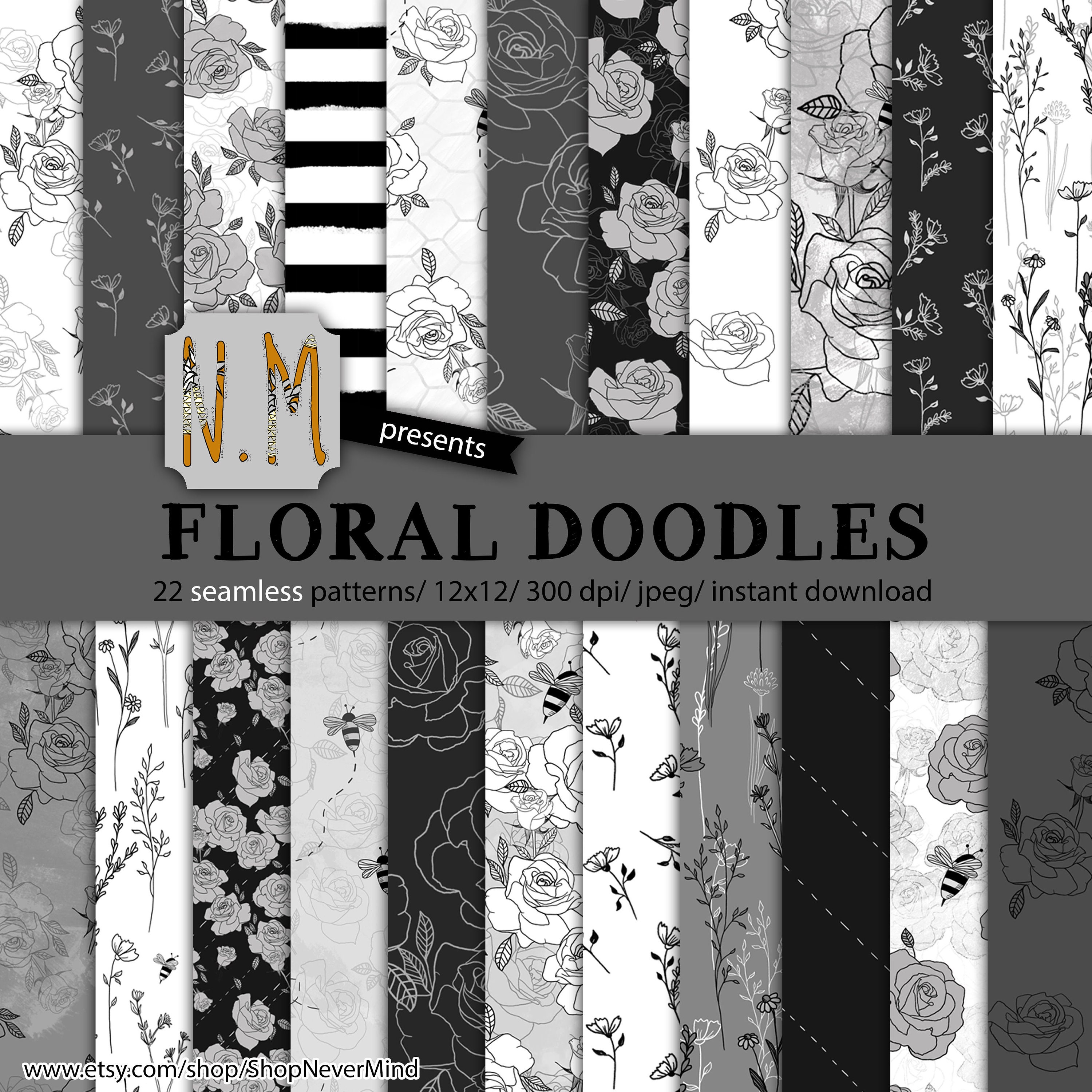 Black and White flowers digital paper pack commercial use floral doodles botanical ink flowers wedding invitation roses pattern fall paper