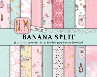 May include: A set of 28 digital paper designs featuring a banana split theme. The papers include various patterns with pink, blue, and yellow colors, featuring bananas, ice cream, sprinkles, and other dessert elements. The papers are 12x12 inches and 300 dpi.