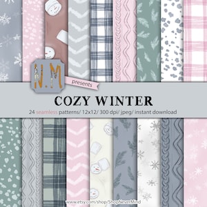Winter digital paper pack cozy winter digital pattern commercial use planner sticker graphics marshmallows snowflake plaid winter pattern