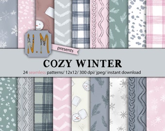 May include: A set of 24 digital paper patterns featuring winter themes. The patterns include snowflakes, plaid, chevron, and cable knit designs in shades of pink, grey, and blue. The text "COZY WINTER" is displayed at the top of the image.
