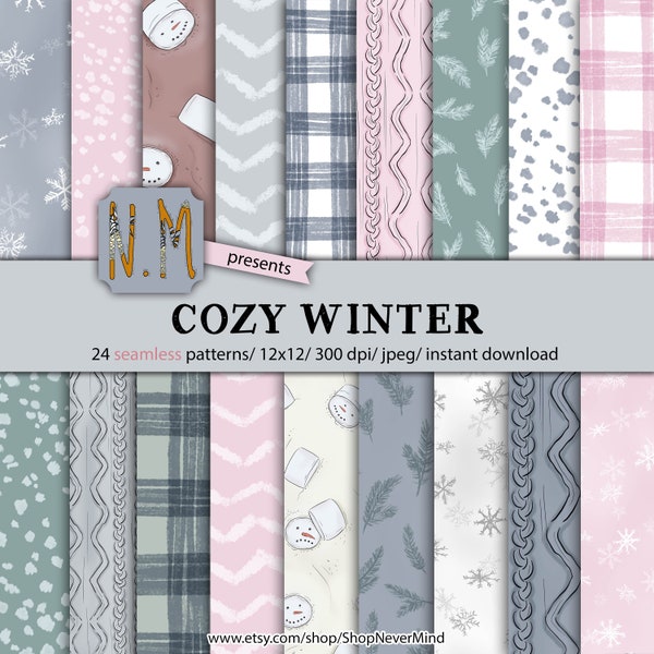 Winter digital paper pack cozy winter digital pattern commercial use planner sticker graphics marshmallows snowflake plaid winter pattern