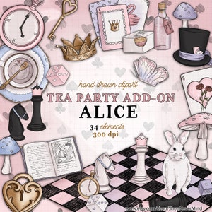 Alice Clipart Kit Tea Party Clipart Alice Geschichte Illustration Kaninchen Pilze Schach Clipart kommerzielle Nutzung essen Sie mich trinken mich Aufkleber Grafiken