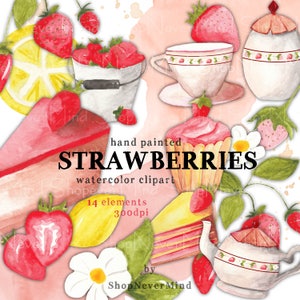 Fragola digitale clipart kit dipinto a mano acquerello clipart set di frutta primavera fragola torta cupcake teapot tea tazza di caffè fetta di limone