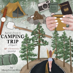 Camping clipart Kit Road Trip avontuur digitale clip art commercieel gebruik mode meisje bos bomen weg open haard marshmallows camera tent