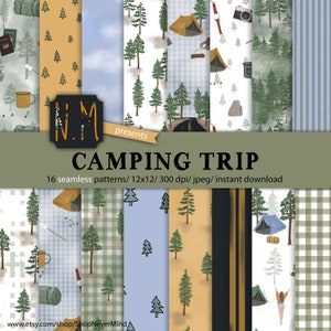 Camping papier numérique pack camping voyage de papier forêt modèle commercial utilisation road trip arbres cheminée tente nature fille de mode d'été