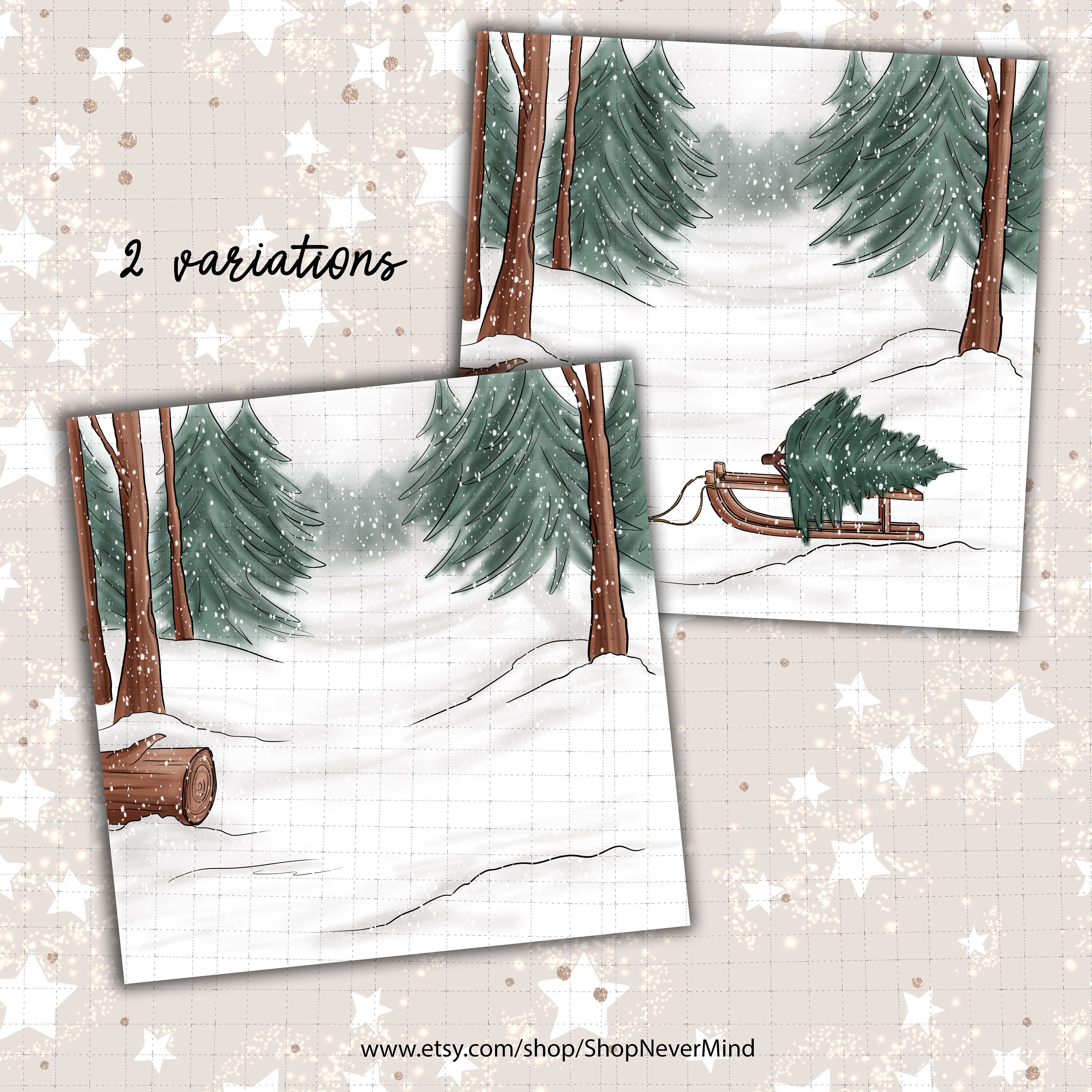 Christmas scene illustration forest scene clipart commercial | Etsy