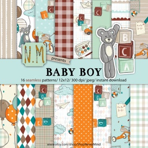 Baby Boy digital paper pack nursery baby shower digital pattern commercial use baby toys scrapbooking planner stickers seamless paper pack