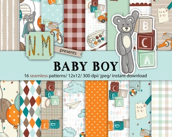 Baby Boy digital paper pack nursery baby shower digital pattern commercial use baby toys scrapbooking planner stickers seamless paper pack