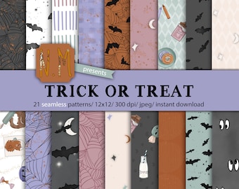 Puede incluir: Un conjunto de 21 patrones digitales sin costuras con temática de Halloween. Los patrones presentan murciélagos, telarañas, lunas, estrellas, dulces y otras imágenes de Halloween. Los patrones están en una variedad de colores, incluyendo negro, blanco, naranja, morado y verde. Los patrones son de 12x12 pulgadas y 300 dpi.