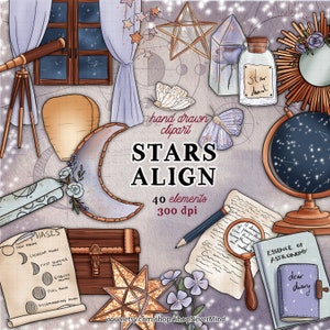 Sterne Clipart Kit Galaxie ClipArt Set kommerzielle Nutzung Sternennacht himmlische Nassische Astronomie Mond ClipArt Set lila blau Planer Aufkleber Grafiken