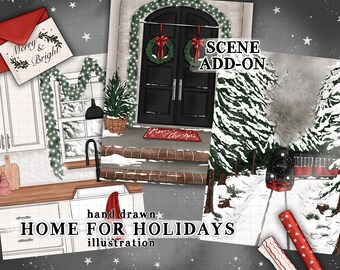 Christmas illustration Christmas Holidays scene commercial use winter front door scene winter train illustration planner sticker graphics