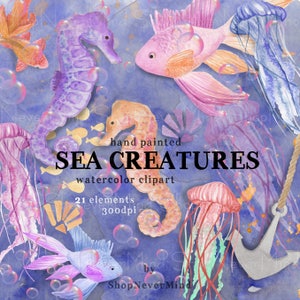 Sea creatures digital clip art watercolor digital ocean animals commercial use jellyfish sea shells water bubbles fish sea horse clipart kit
