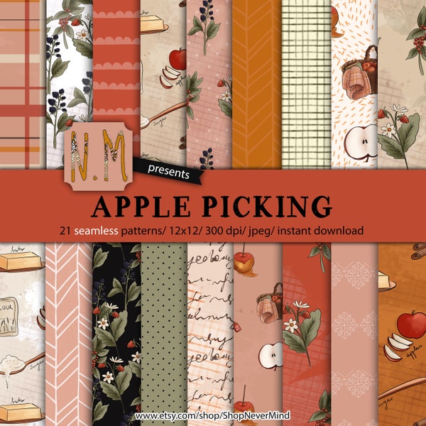 Fall digital paper pack apple picking fall digital pattern apple pie commercial use autumn red rustic fall berries thanksgiving paper pack