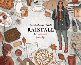 Rainy Days clipart rainfall clipart kit autumn rain graphics commercial use fall clipart kit autumn leaves bookish back to school clipart