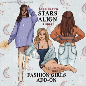Starry nuit de la mode filles clipart kit galaxie étoiles filles de mode illustration commerciale utilisation planificateur graphique graphique astrologie clipart ensemble