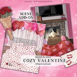 Ilustración del día de San Valentín, escena de cita nocturna, uso comercial, acogedora chimenea de San Valentín, ilustración, dormitorio, globos, planificador, pegatinas, gráficos