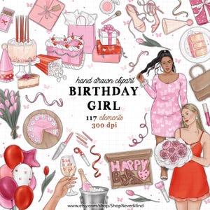 Verjaardag meisje clipart kit lente girly verjaardagsfeestje clipart verjaardagstaart donuts clipart commercieel gebruik roze rood planner sticker afbeeldingen