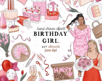 Birthday Girl clipart kit Spring girly birthday party clipart birthday cake donuts clipart commercial use pink red planner sticker graphics